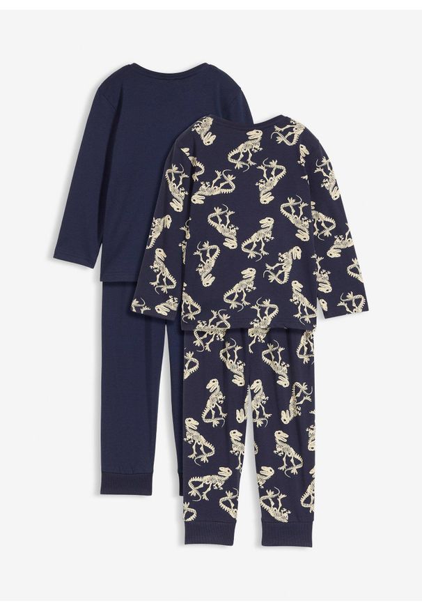 bonprix - Piżama z miękkiej bawełny (4 części). Kolor: niebieski. Materiał: bawełna. Wzór: gładki, paski, nadruk