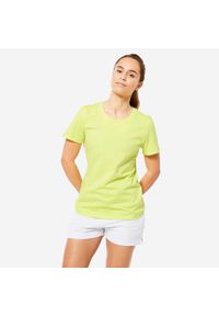 DOMYOS - Koszulka z krótkim rękawem damska Domyos Gym & Pilates 500 Essentials. Kolor: żółty. Materiał: bawełna, materiał. Długość rękawa: krótki rękaw. Długość: krótkie. Sport: joga i pilates