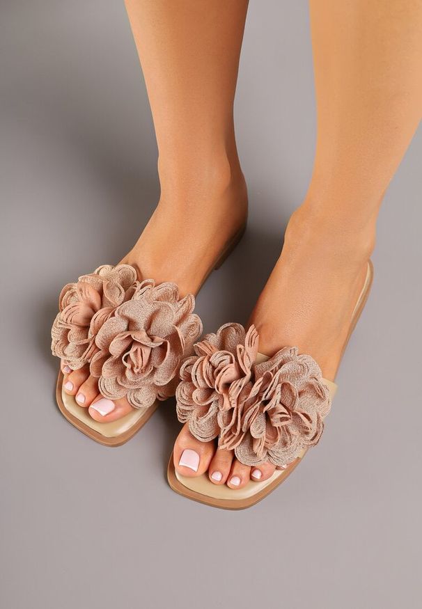 Renee - Ciemnobeżowe Klapki z Kwiatami 3D Fevionne. Okazja: na co dzień, na imprezę. Kolor: beżowy. Materiał: jeans. Wzór: kwiaty. Sezon: lato. Styl: casual