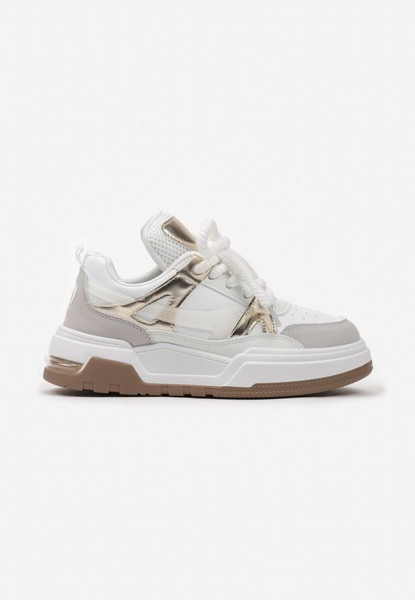 Renee - Biało-Złote Płaskie Casualowe Sneakersy ze Sznurowaniem i Transparentnym Elementem z Tyłu Gamarie. Okazja: na co dzień. Nosek buta: okrągły. Zapięcie: sznurówki. Kolor: biały. Materiał: materiał, jeans. Obcas: na obcasie. Wysokość obcasa: niski