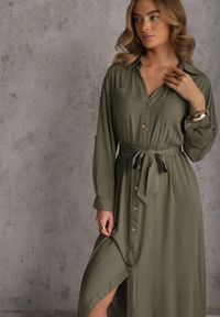 Renee - Zielona Koszulowa Sukienka z Bawełny z Wiązanym Paskiem i Podpinanymi Rękawami Cesela. Okazja: na co dzień. Kolor: zielony. Materiał: bawełna. Typ sukienki: koszulowe. Styl: boho, casual #3