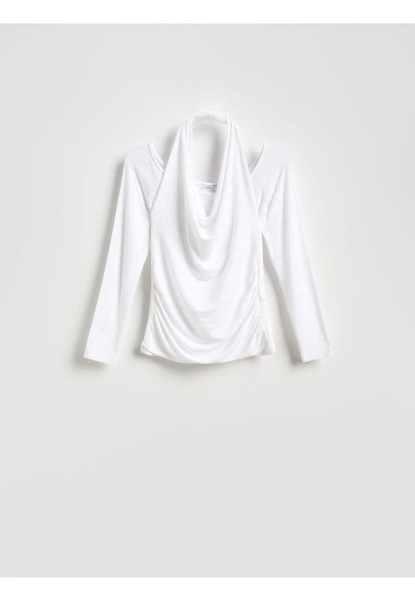 Reserved - Bluzka z ozdobnym dekoltem - złamana biel. Materiał: dzianina, wiskoza