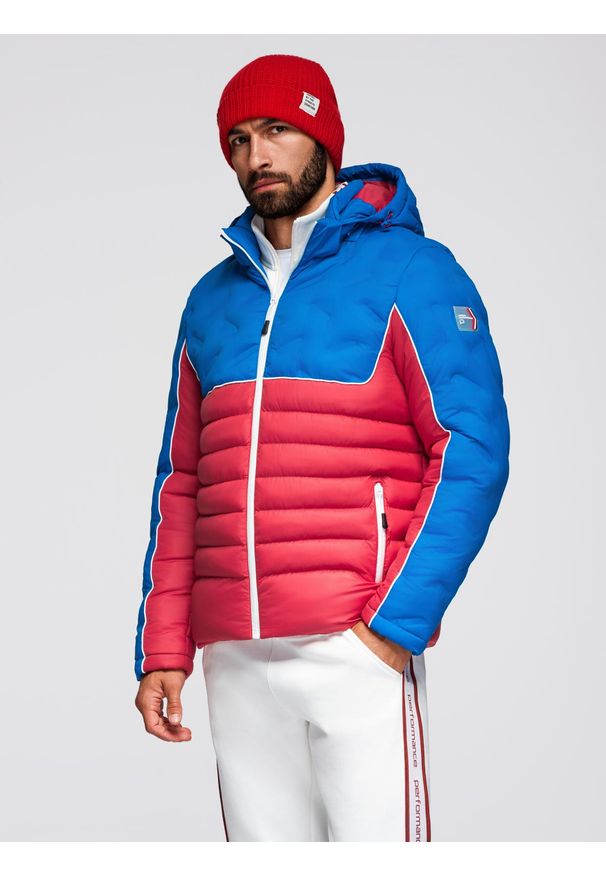 Ombre Clothing - Pikowana kurtka męska z odpinanym kapturem – niebiesko-czerwona V1 - Rozmiar: XXL. Kolor: czerwony. Materiał: tkanina, poliester, materiał, syntetyk, włókno. Wzór: aplikacja. Sezon: zima