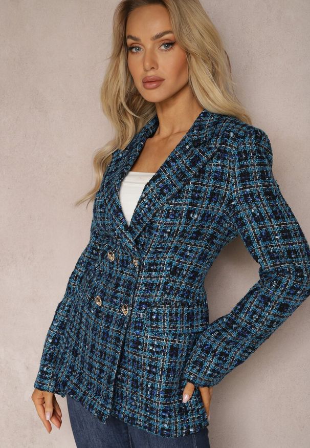 Renee - Niebieska Tweedowa Marynarka Dwurzędowa Zapinana na Biżuteryjne Guziki Nallet. Kolor: niebieski. Materiał: materiał. Styl: elegancki, retro