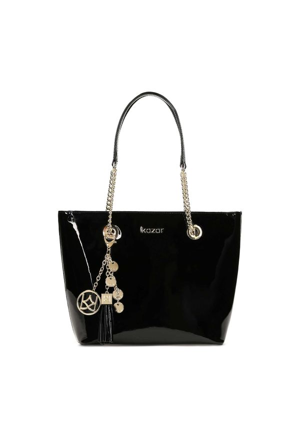 Kazar - Czarna torebka damska. Kolor: czarny. Dodatki: z breloczkiem. Materiał: lakierowane, skórzane. Styl: elegancki, wizytowy