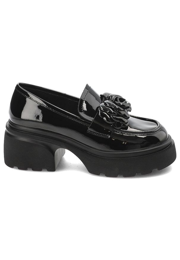 Czarne Półbuty Artiker Eleganckie Mokasyny Damskie. Okazja: na co dzień. Kolor: czarny. Materiał: lakier, skóra. Wzór: kolorowy. Styl: elegancki
