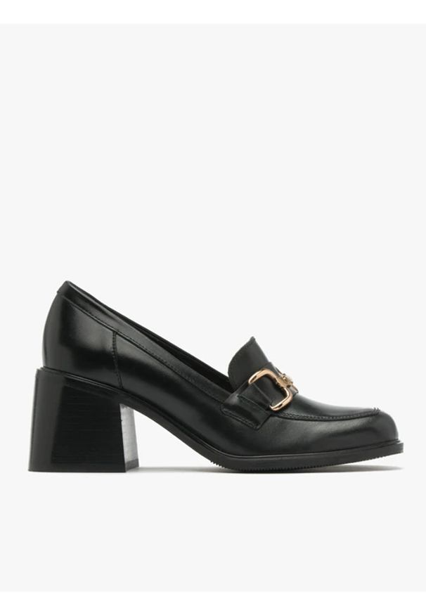 Ryłko - Czarne mokasyny na obcasie. Nosek buta: okrągły. Kolor: czarny. Materiał: skóra. Obcas: na obcasie. Styl: street. Wysokość obcasa: średni