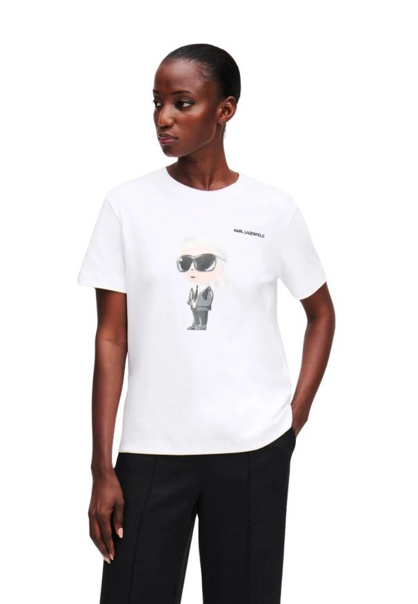 Karl Lagerfeld - KARL LAGERFELD Biały t-shirt damski Ikon Aquarelle K. Okazja: na co dzień. Kolor: biały. Materiał: materiał. Styl: elegancki, casual