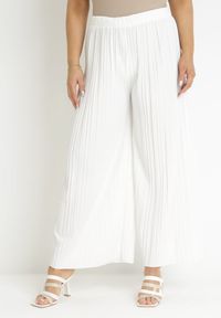 Born2be - Białe Szerokie Spodnie z Plisowanej Tkaniny z Gumką w Pasie Cesele. Kolekcja: plus size. Kolor: biały. Materiał: tkanina. Styl: elegancki #4
