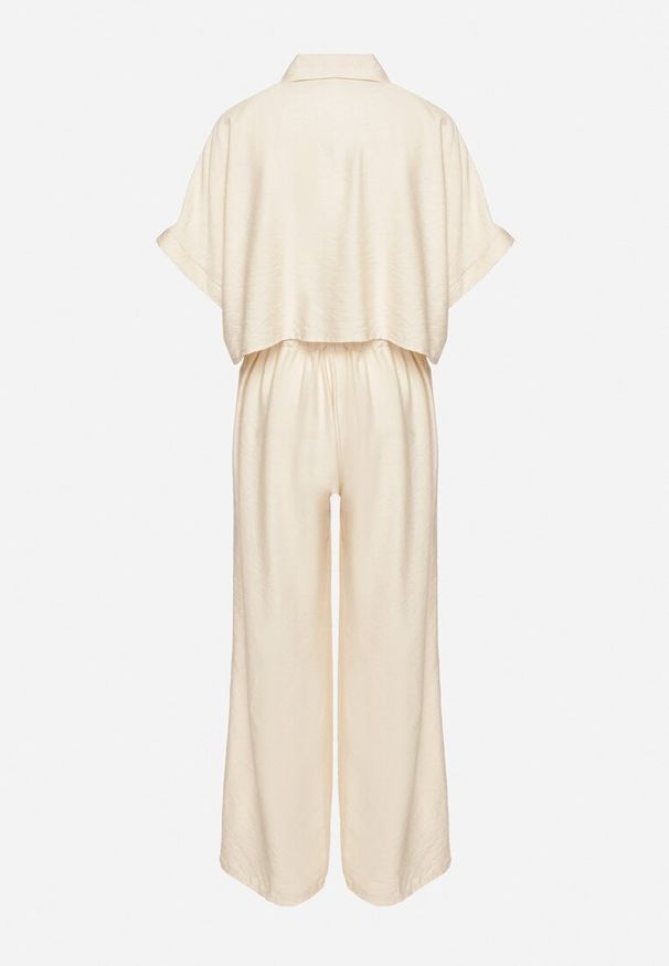 Born2be - Jasnobeżowy Wiskozowy Komplet Krótka Koszula i Szerokie Spodnie Davitta. Kolor: beżowy. Materiał: wiskoza. Wzór: aplikacja