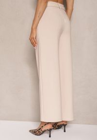 Renee - Beżowe Garniturowe Spodnie High Waist z Gumką i Dodatkowym Paskiem w Talii Mattine. Stan: podwyższony. Kolor: beżowy. Materiał: dzianina #5