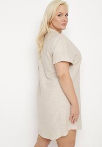 Born2be - Beżowa Sukienka z Lnem Pudełkowa z Krótkim Rękawem i Guzikami Effienu. Kolor: beżowy. Materiał: len. Długość rękawa: krótki rękaw. Wzór: kolorowy. Styl: klasyczny, elegancki #7