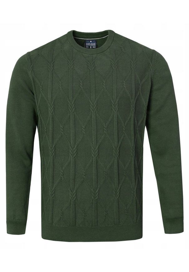 Bawełniany Sweter Męski - Pako Jeans - Warkoczowy Splot - Zgniła Zieleń. Materiał: bawełna. Wzór: ze splotem. Styl: klasyczny, elegancki
