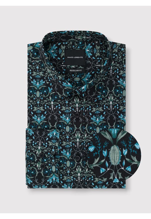 Pako Lorente - PAKO LORENTE - Czarna koszula w turkusowe kwiaty. Kolor: czarny, turkusowy, wielokolorowy. Materiał: elastan, bawełna. Długość rękawa: długi rękaw. Długość: długie. Wzór: kwiaty