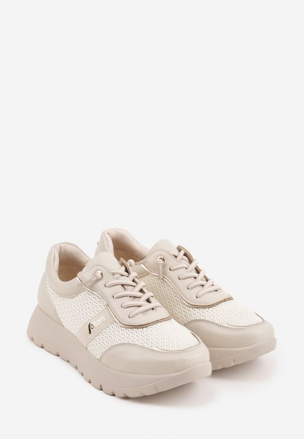 Renee - Beżowe Sneakersy na Platformie z Wkładką ze Skóry Naturalnej i Napisam Haidena. Okazja: na co dzień. Zapięcie: sznurówki. Kolor: beżowy. Materiał: skóra. Wzór: napisy. Obcas: na platformie