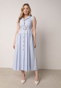 Born2be - Niebieska Koszulowa Sukienka Bez Rękawów z Wiskozy i Bawełny z Paskiem Suranon. Okazja: na co dzień, do pracy. Kolor: niebieski. Materiał: wiskoza, bawełna. Długość rękawa: bez rękawów. Typ sukienki: koszulowe. Styl: casual, klasyczny, elegancki #1