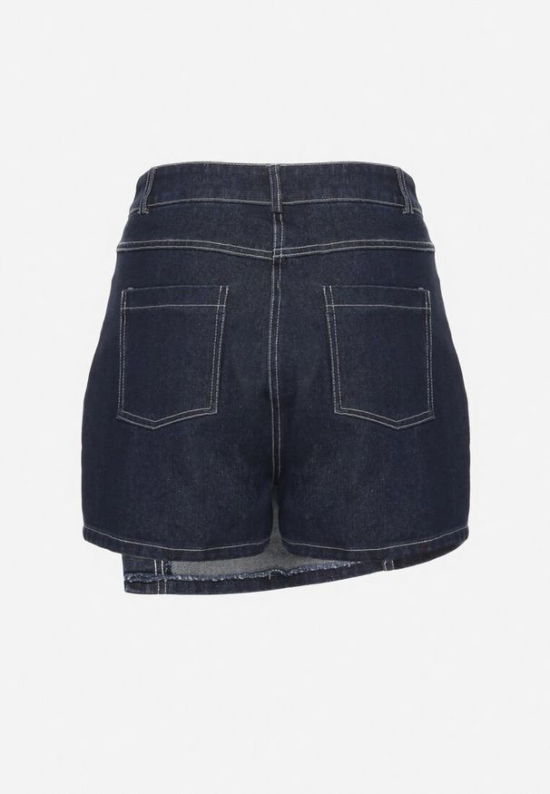 Born2be - Granatowe Jeansowe Spódnico-Szorty o Asymetrycznym Kroju z Ozdobnymi Przeszyciami Lisarennea. Okazja: na co dzień. Kolor: niebieski. Materiał: jeans. Styl: sportowy, elegancki, casual