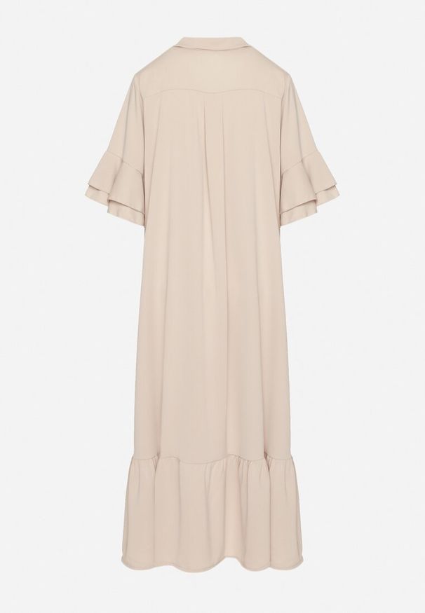 Born2be - Beżowa Sukienka Koszulowa z Ozdobną Falbanką Daviravie. Okazja: na co dzień. Kolor: beżowy. Typ sukienki: koszulowe. Styl: casual, elegancki, klasyczny