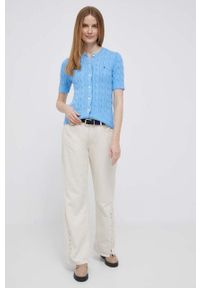 Polo Ralph Lauren kardigan bawełniany kolor niebieski lekki. Typ kołnierza: polo. Kolor: niebieski. Materiał: bawełna. Długość rękawa: krótki rękaw. Długość: krótkie. Wzór: ze splotem #3