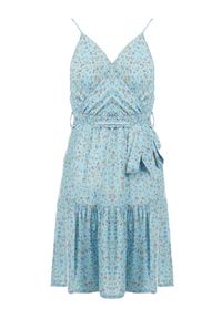 Born2be - Niebieska Sukienka z Wiskozy Eudaia. Typ kołnierza: dekolt kopertowy. Kolor: niebieski. Wzór: aplikacja, kwiaty. Typ sukienki: kopertowe, rozkloszowane. Materiał: wiskoza. Długość rękawa: na ramiączkach. Sezon: lato. Styl: wakacyjny. Długość: mini #4