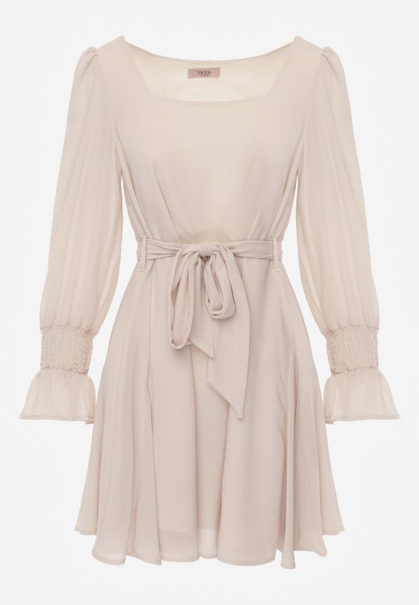 Born2be - Beżowa Sukienka VICES z Siateczkowymi Rękawami i Wiązanym Paskiem Resnala. Okazja: na co dzień. Typ kołnierza: dekolt kwadratowy. Kolor: beżowy. Materiał: materiał. Typ sukienki: rozkloszowane. Styl: elegancki, casual