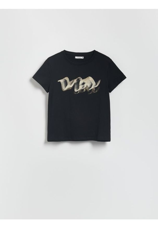 Reserved - T-shirt z połyskującym nadrukiem - czarny. Kolor: czarny. Materiał: dzianina, bawełna. Wzór: nadruk