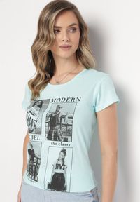 Born2be - Miętowy Bawełniany T-shirt z Nadrukiem i Brokatem Kruita. Kolor: miętowy. Materiał: bawełna. Długość rękawa: krótki rękaw. Długość: krótkie. Wzór: nadruk