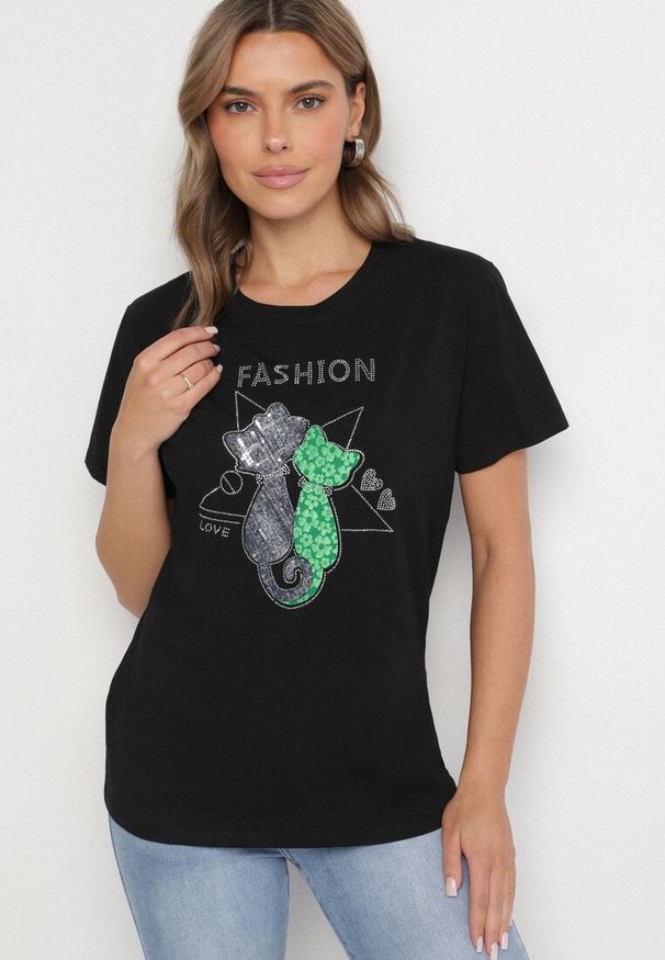 Born2be - Czarny T-shirt z Bawełny z Ozdobnym Napisem i Nadrukiem Olinella. Okazja: na co dzień. Kolor: czarny. Materiał: bawełna. Wzór: napisy, nadruk. Styl: casual