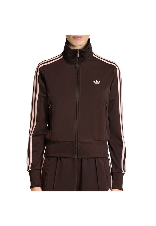 Adidas - Bluza damska adidas Originals Firebird Classic KC6572 - brązowa. Typ kołnierza: kołnierzyk stójkowy. Kolor: brązowy. Materiał: tkanina, poliester. Wzór: paski. Styl: klasyczny, sportowy