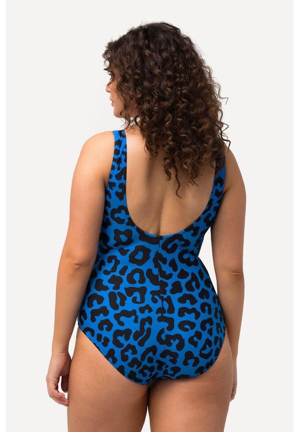 ULLA POPKEN - Damskie Strój kąpielowy wzór w panterkę bez miękkich miseczek okrągły dekolt. Kolekcja: plus size. Kolor: niebieski. Materiał: poliamid, poliester, materiał, elastan. Wzór: motyw zwierzęcy