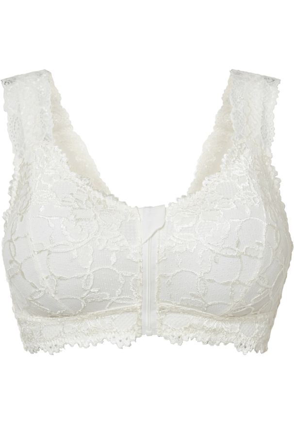 bonprix - Biustonosz bralette bez fiszbinów, z zapięciem z przodu. Kolor: biały. Materiał: koronka. Wzór: koronka