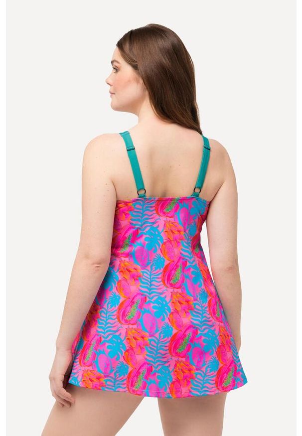 ULLA POPKEN - Damska Sukienka Kąpielowa neonowy nadruk w liście miękkie miseczki. Kolekcja: plus size. Kolor: niebieski. Materiał: poliester, elastan, poliamid, materiał. Wzór: nadruk