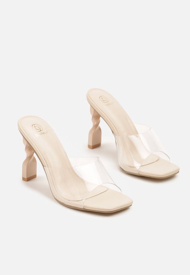 Born2be - Beżowe Klapki z Transparentną Cholewką na Ozdobnym Słupku Marelora. Okazja: na co dzień. Kolor: beżowy. Obcas: na słupku. Styl: elegancki, casual