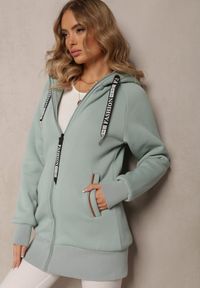 Renee - Miętowa Długa Bluza z Ocieplaną Podszewką i Taśmami z Napisami Filioppa. Kolor: miętowy. Materiał: dzianina. Długość: długie. Wzór: napisy. Sezon: zima, jesień #1