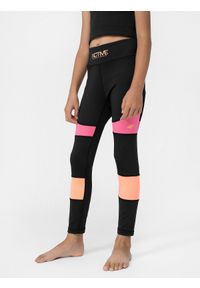 4f - Legginsy sportowe szybkoschnące dziewczęce. Kolor: czarny. Materiał: dzianina, skóra. Styl: sportowy #2
