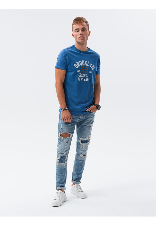 Ombre Clothing - T-shirt męski z nadrukiem S1434 V-19C - ciemnoniebieski - XXL. Kolor: niebieski. Materiał: bawełna. Wzór: nadruk. Styl: klasyczny
