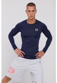 Under Armour longsleeve treningowy kolor granatowy gładki. Kolor: niebieski. Materiał: skóra, materiał. Długość rękawa: długi rękaw. Wzór: gładki #1