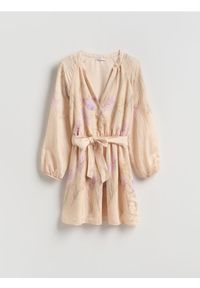 Reserved - Sukienka mini z modalem - kremowy. Kolor: kremowy. Materiał: tkanina. Długość: mini #1