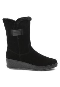 Czarne Botki Rieker Ocieplane Buty Damskie Na Koturnie. Okazja: na co dzień. Kolor: czarny. Materiał: futro, zamsz. Sezon: zima. Obcas: na koturnie. Styl: casual, klasyczny, elegancki #4
