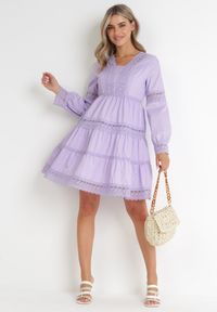 Born2be - Fioletowa Sukienka Mini z Koronkowymi Wstawkami i Rozkloszowanym Dołem Femona. Okazja: na co dzień. Kolor: fioletowy. Materiał: koronka. Typ sukienki: proste. Styl: casual. Długość: mini