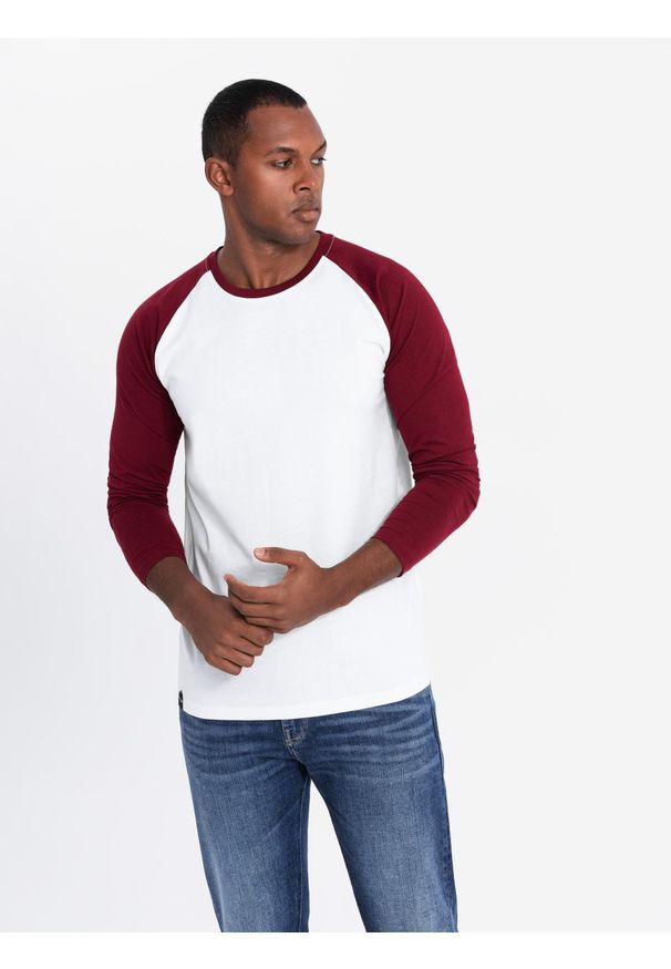 Ombre Clothing - Longsleeve męski z kontrastowymi raglanowymi rękawami – biało-bordowy V2 - Rozmiar: XXL. Okazja: na co dzień. Kolor: czerwony. Materiał: skóra, jersey, dzianina, materiał, bawełna. Długość rękawa: długi rękaw. Wzór: ze splotem. Styl: klasyczny, casual