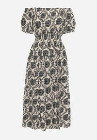 Born2be - Szaro-Beżowa Wiskozowa Sukienka Hiszpanka z Gumką w Pasie i przy Rękawkach Yilalama. Okazja: na co dzień. Typ kołnierza: dekolt hiszpanka. Kolor: szary. Materiał: wiskoza. Długość rękawa: krótki rękaw. Styl: casual #6