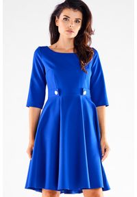 Awama - Rozkloszowana Sukienka z Ozdobnymi Guzikami w Pasie - Niebieska. Kolor: niebieski. Materiał: poliester, elastan #1
