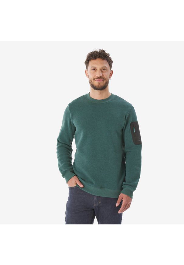quechua - Sweter turystyczny męski Quechua NH100. Okazja: na co dzień. Kolor: zielony. Materiał: poliester, bawełna. Styl: sportowy, casual