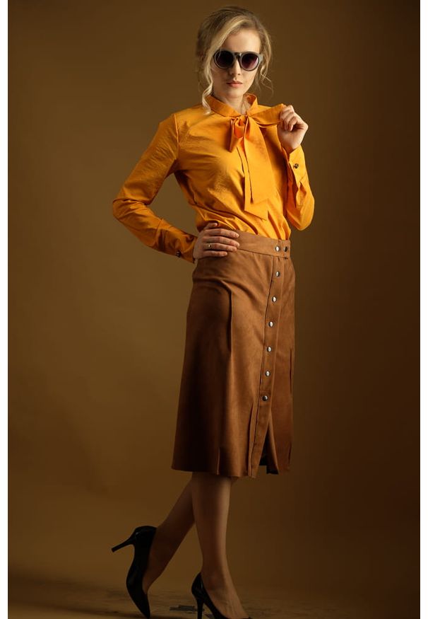 Hultaj Polski - Spódnica Karmelowa Midi. Materiał: lycra, wiskoza, dzianina, zamsz, poliester, materiał. Styl: boho, elegancki