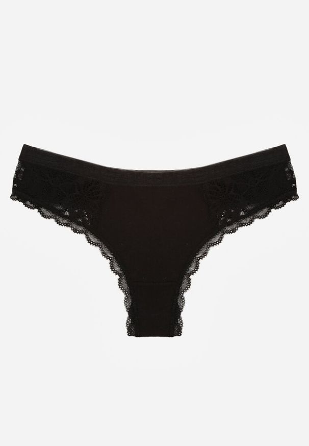 Renee - Czarne Majtki Stringi Ozdobione Koronką z Bawełną Meniliphis. Kolor: czarny. Materiał: koronka, bawełna. Wzór: koronka, aplikacja