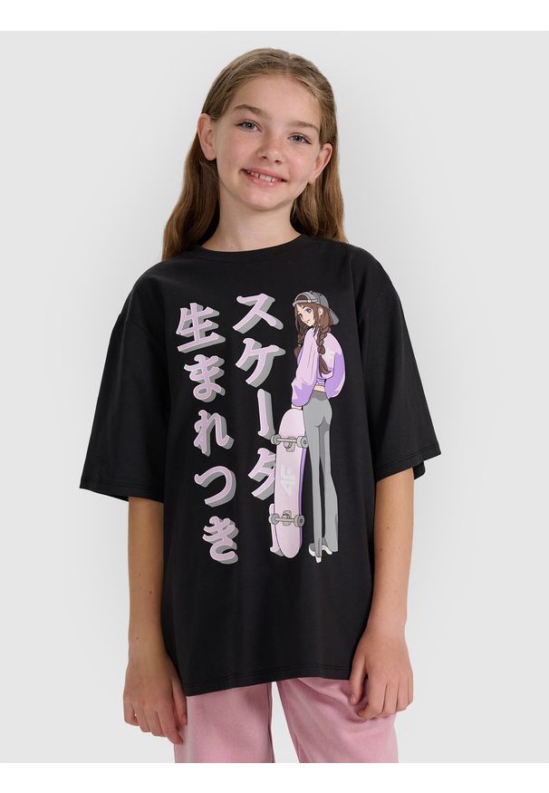 4f - 4F T-shirt oversize z nadrukiem dziewczęcy - czarny 140 (9-10 lat). Kolor: czarny. Materiał: skóra. Wzór: nadruk. Sezon: lato