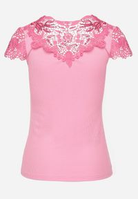 Born2be - Różowa Bluzka Prążkowana z Koronkowymi Wstawkami i Cekinami Esmalde. Kolor: różowy. Materiał: prążkowany, koronka. Styl: klasyczny, elegancki #4