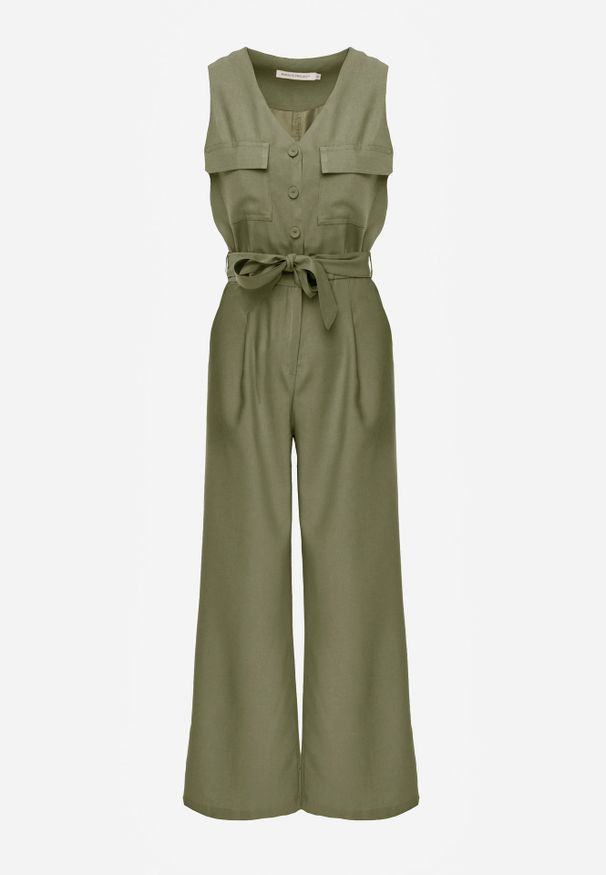 Renee - Zielony Kombinezon Utility z Wiskozy na Szerokich Ramiączkach z Wiązanym Paskiem Jenora. Kolor: zielony. Materiał: wiskoza. Długość rękawa: na ramiączkach. Sezon: lato