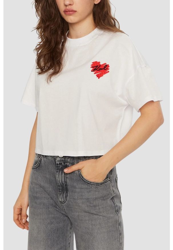 Karl Lagerfeld - KARL LAGERFELD Biały damski top Hearts Cropped, Rozmiar S. Kolor: biały. Materiał: bawełna. Wzór: aplikacja, haft